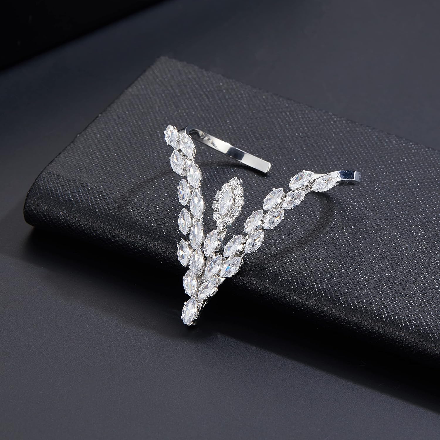 Silver Double Finger Ring, Statement Big Butterfly Open Adjustable Rings Silver Full CZ Flower Cocktail Rings Jewelry