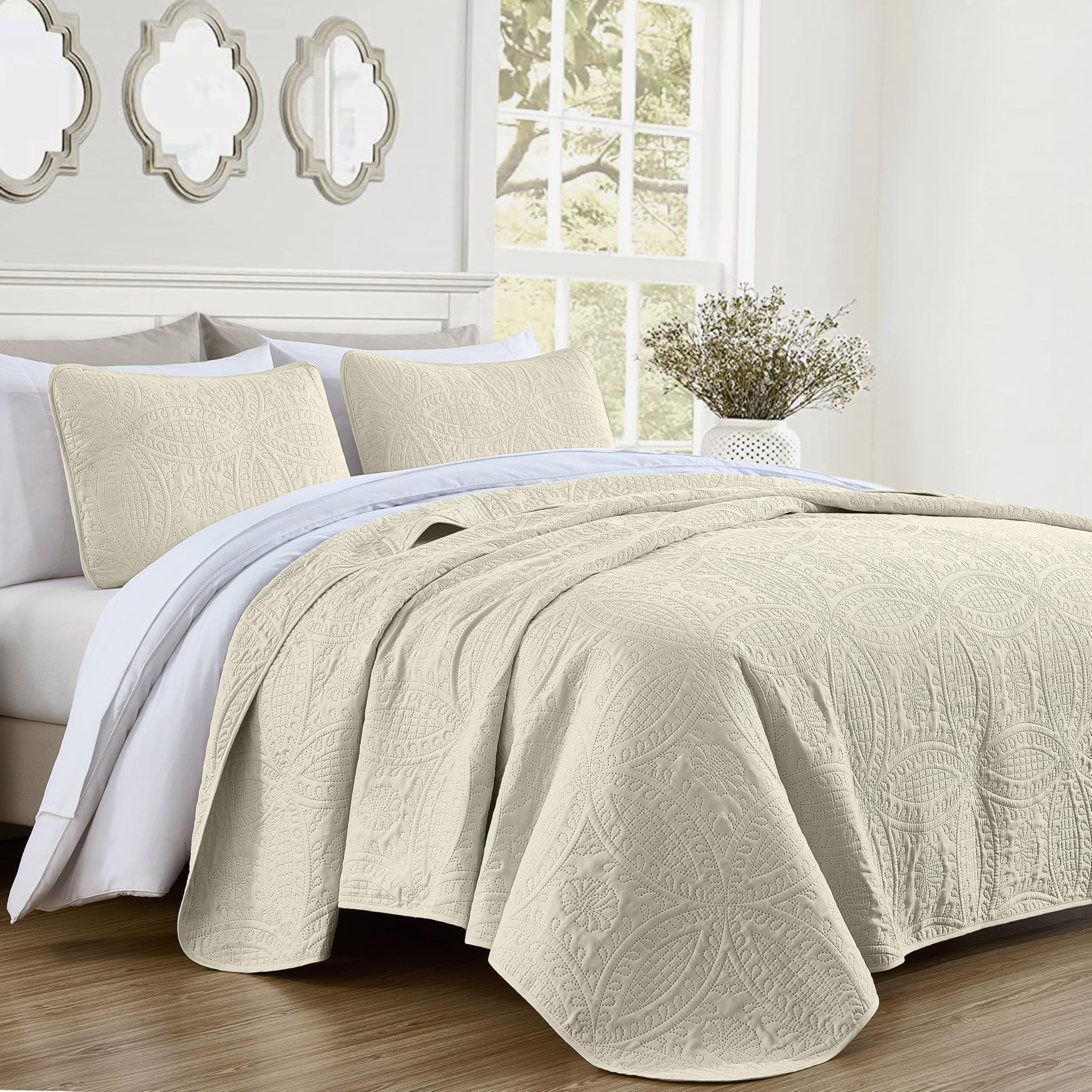 Chezmoi Collection Austin 3-Piece Oversized Bedspread Coverlet Set (Queen, Ivory) (Pack of 6)