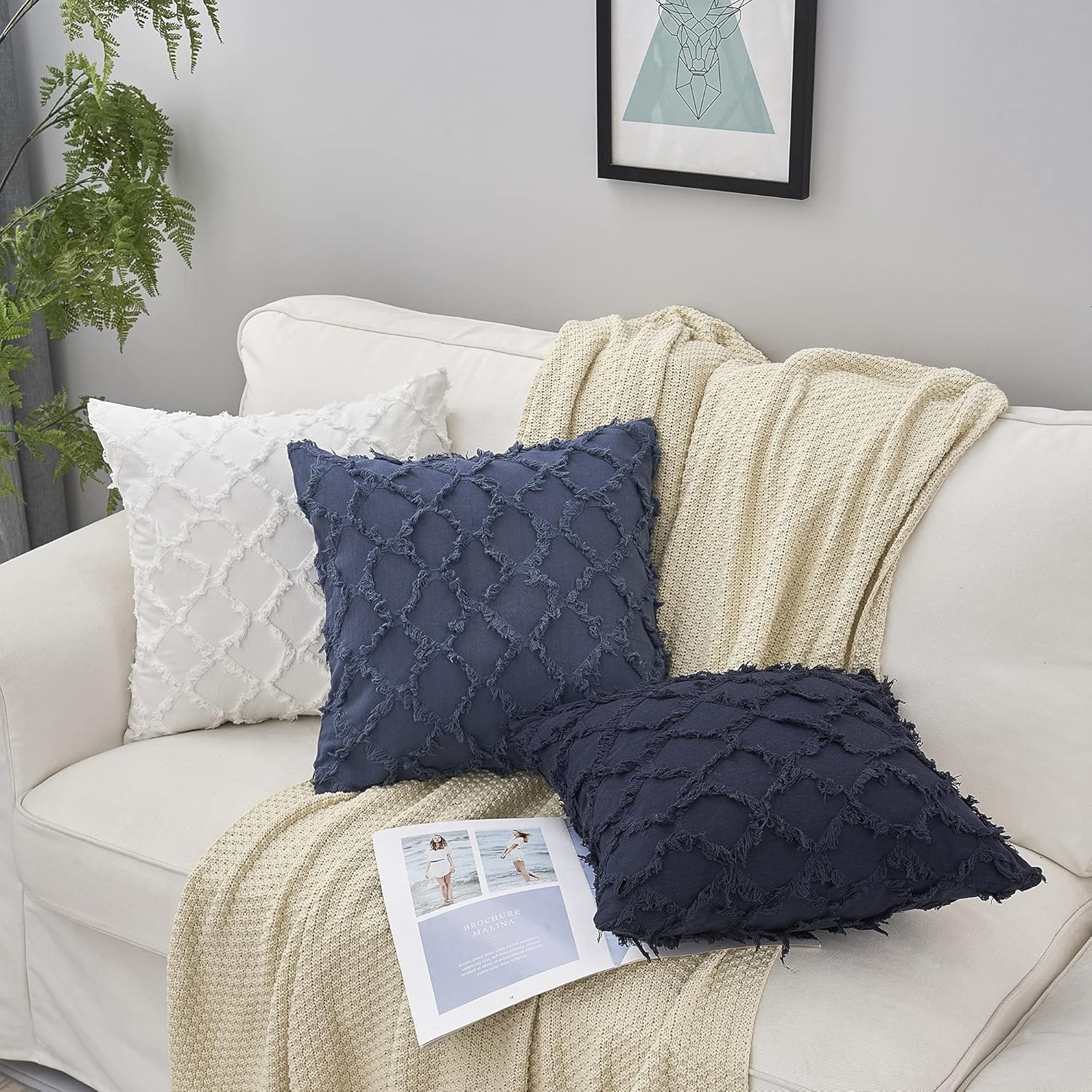 Longhui bedding Grey Blue Throw Pillow Covers for Sofa, Couch, Bedroom, Family Room – Set of 2 Decorative Pillows 18 x 18 Inches Cotton Linen Cushion Covers, No Inserts: Home & Kitchen