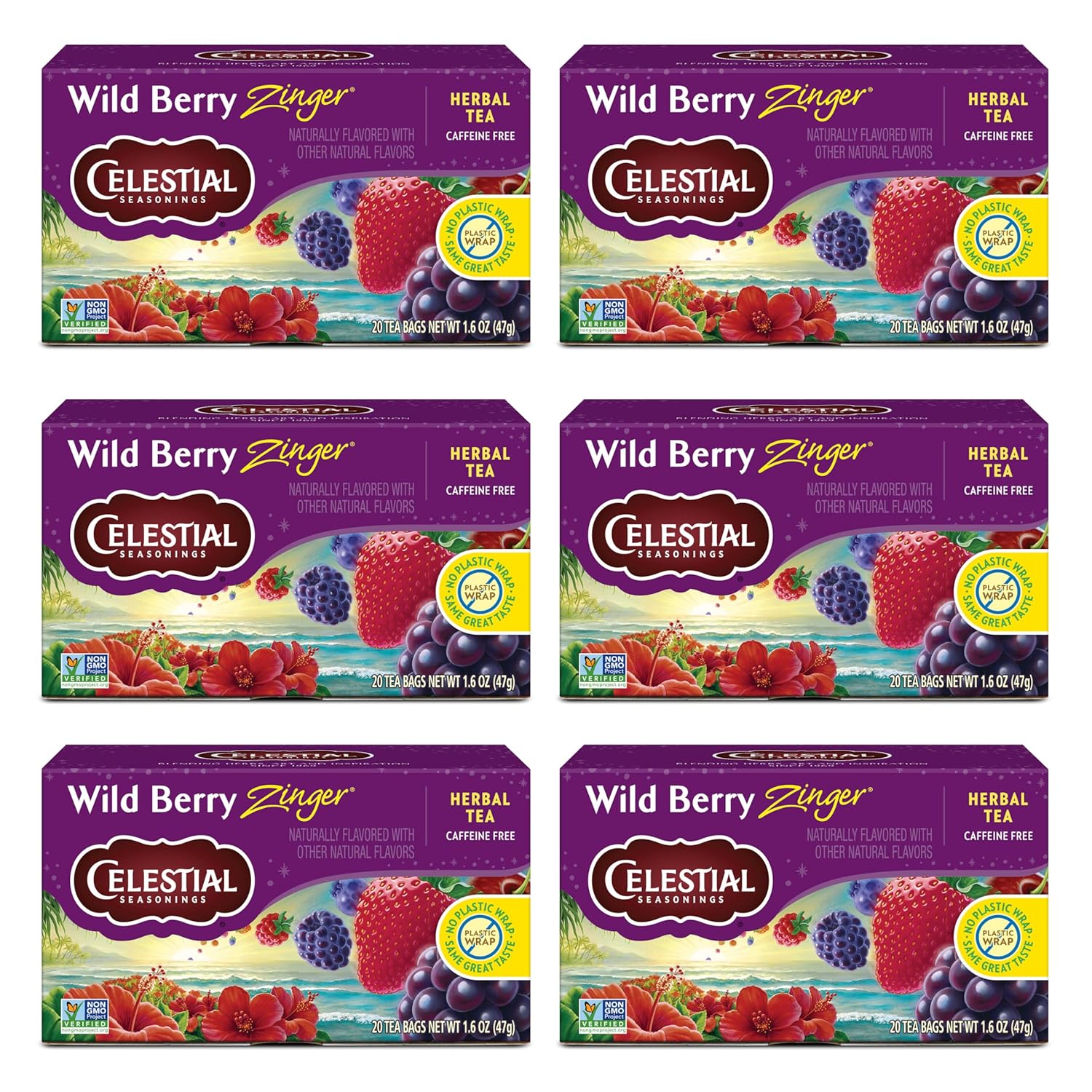 Celestial Seasonings Wild Berry Zinger Herbal Tea, Caffeine Free, 20 Tea Bags Box, (Pack of 6)
