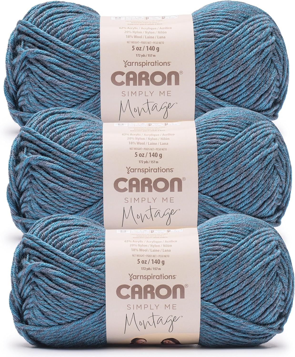 Caron Simply Me Montage Lapis Yarn - 3 Pack of 140g/5oz - 62% Acrylic 20% Nylon 18% Wool - #5 Bulky - 172 Yards - Knitting/Crochet