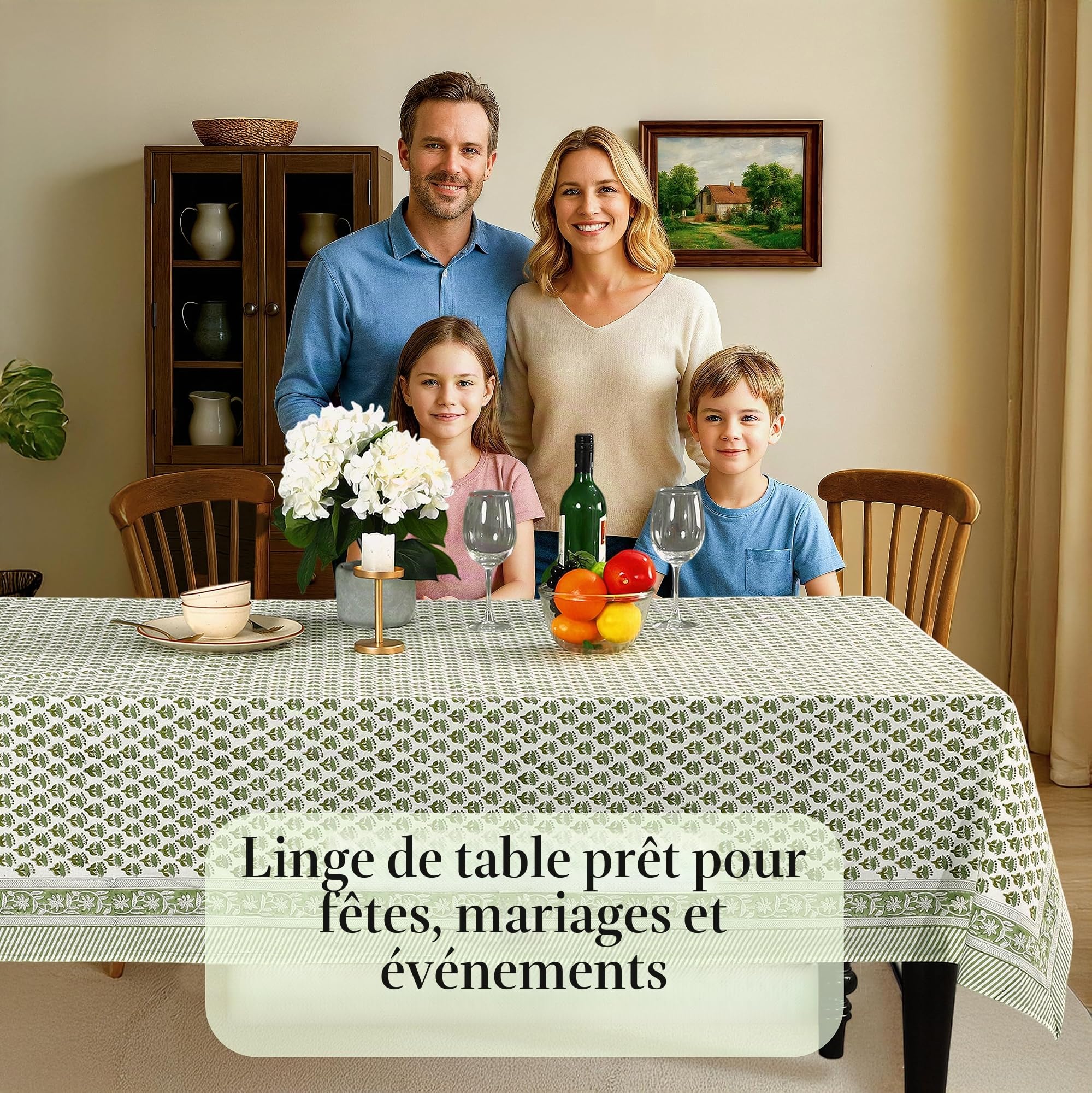 CPC Nappe rectangulaire 100% Coton – Imprimé à la Main Indien – 6 Places – Lavable et réutilisable – pour Maison, Restaurant, hôtel, événement et Utilisation Quotidienne – Vert émeraude