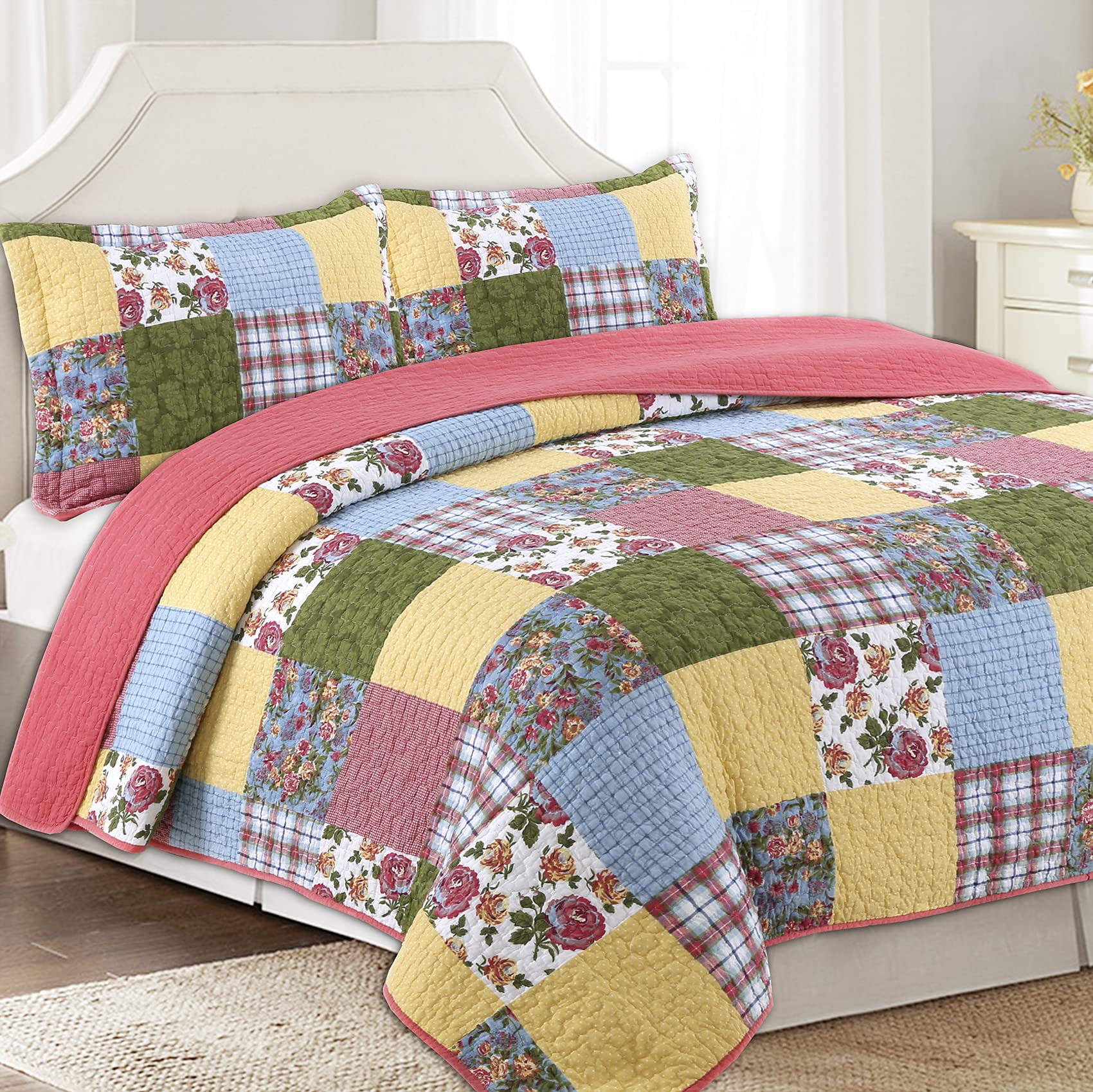 Plaid Floral Patchwork Bedspread Set Queen Quilt Printing Reversible Bedding Quilt Set Yellow Blue Block Bed Coverlet 3 Pieces with Pillow Shams