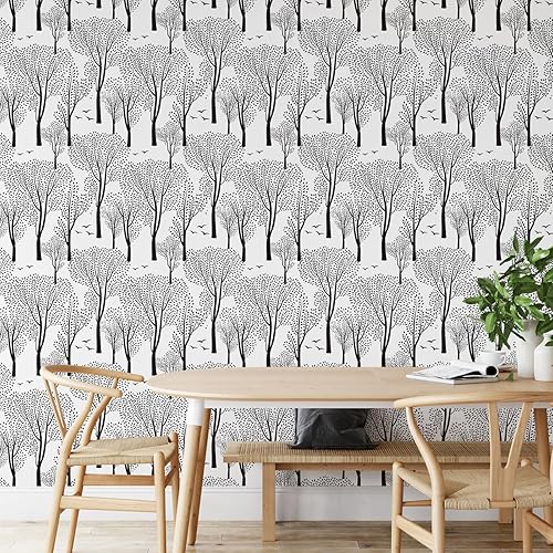 Miniatura 2 de VEELIKE Papel tapiz bohemio con diseño de bosques y flores, color blanco y negro, de 17.7 x 118 pulgadas, papel de contacto autoadhesivo y prepegado
