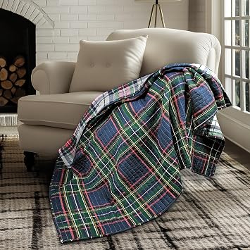 Levtex Home - Spencer Plaid Navy - Quilted Throw 50x60in. - Plaid - Red Green White - Reversible - Cotton