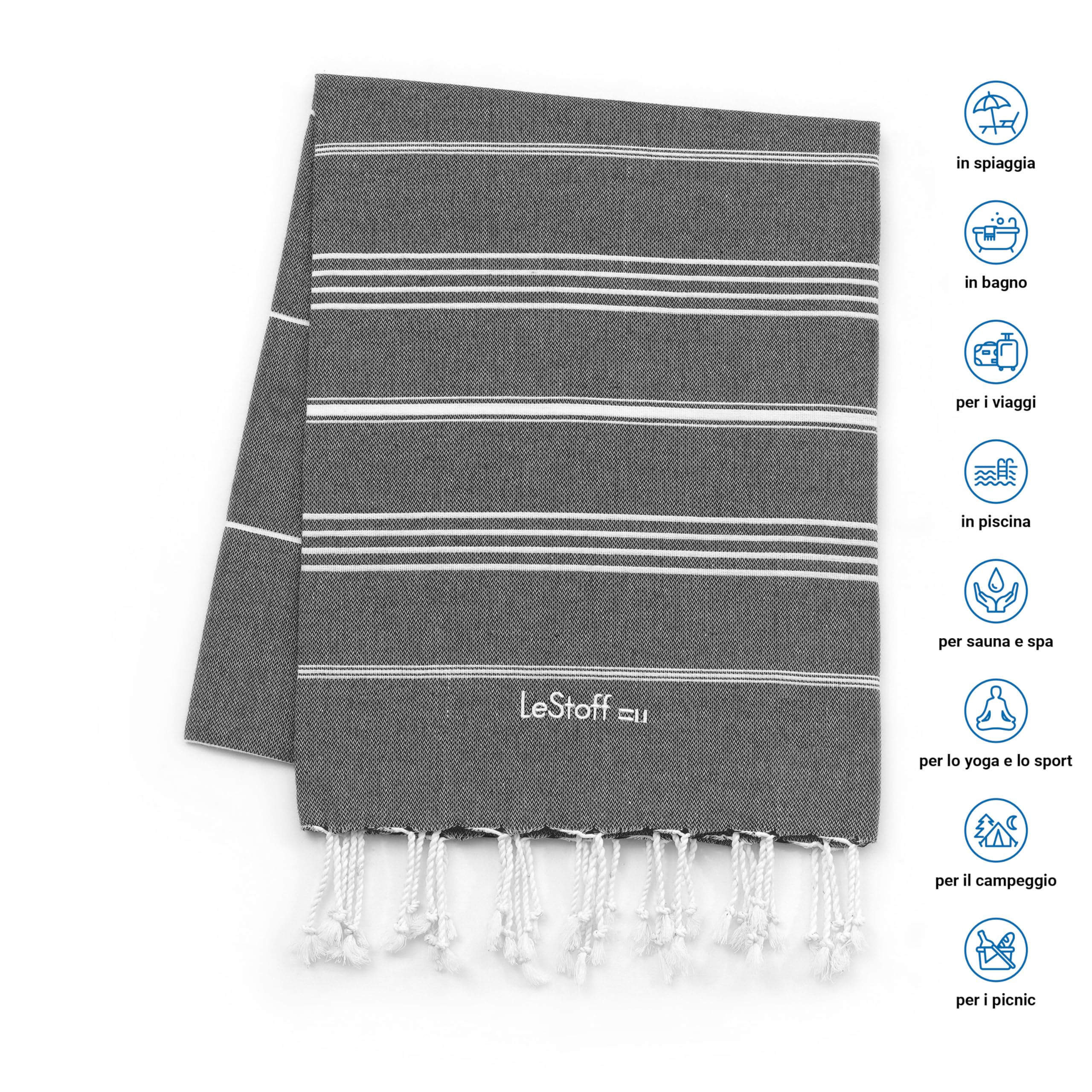 LeStoff Telo mare XXL - 100% Cotone bio, 200 x 200 cm, Prelavato, Assorbente, Asciugatura Rapida, Leggero, Fouta, Telo Spiaggia grande, Telo Bagno, Telo Yoga, Coperta (Anthracite)