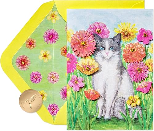 Papyrus Tarjeta de cumpleaños con diseño de gato en blanco, diseñada por Bella Pilar (Cat & Flowers)