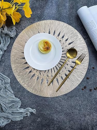 Miniatura 3 de WSHINE Paquete de 2 manteles individuales redondos de vinilo dorado, tapetes huecos para mesa de cocina y comedor, boda, decoración de mesa, 15