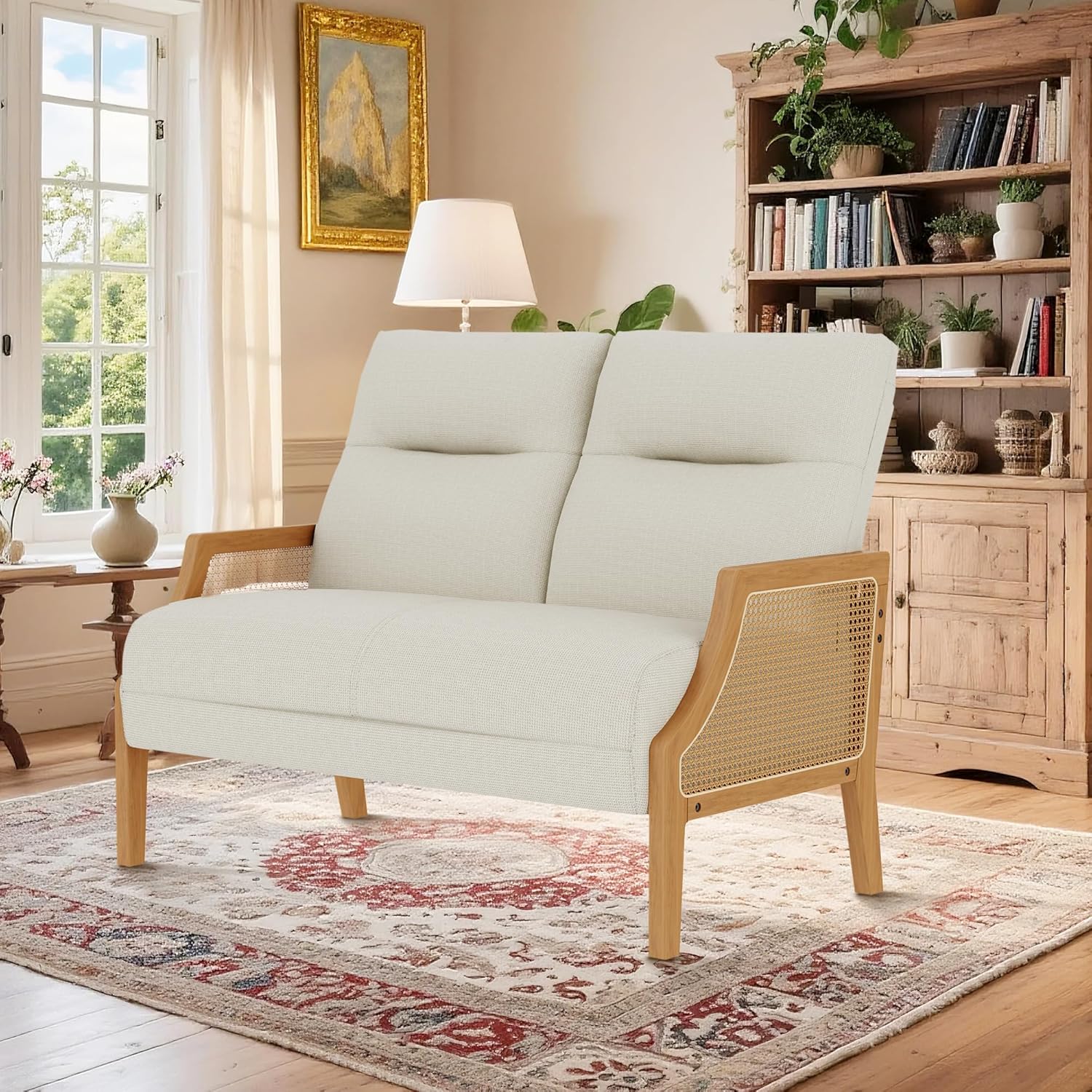 HAOBO Home Small Loveseat Sofa Mini Couch Upholstered Settee Bench with Rattan Arms Linen Small Sofa Couch for Living Room Dining Room Bedroom Funiture Taupe