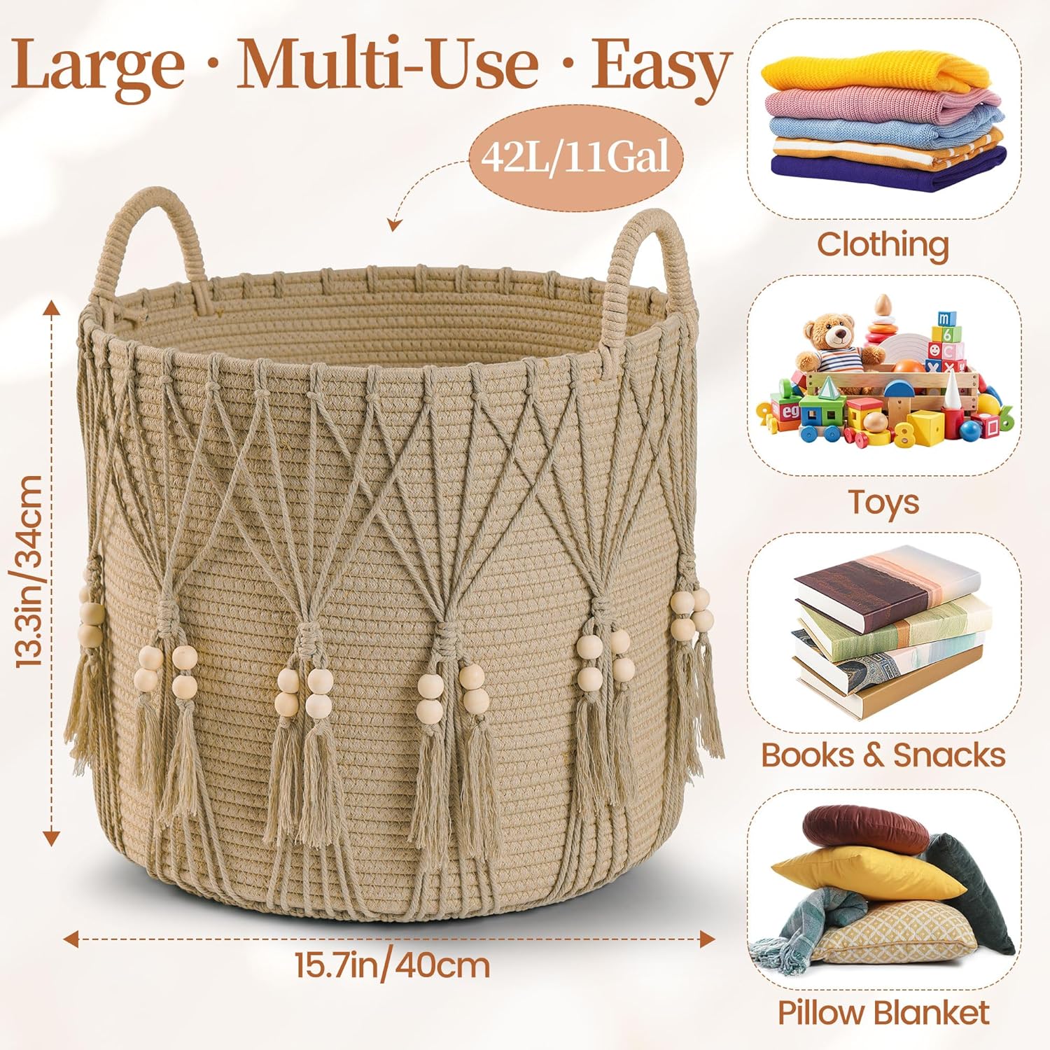 Blanket Basket for Living Room Decor Storage Basket for Toy Organizer Boho Decor Baskets for Modern Farmhouse Decor Small Laundry Basket for Bedroom and Laundry Room Organization,Natural