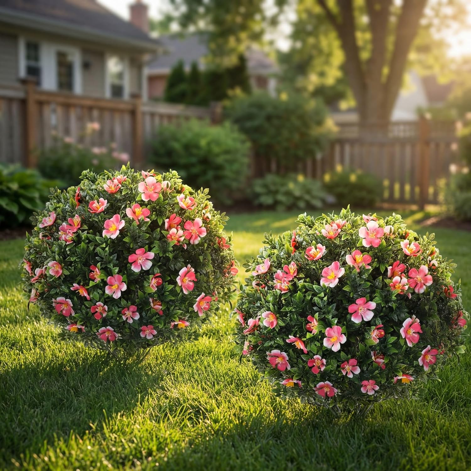 Yunlly Set of 2 Large Artificial Boxwood Topiary Ball Trees with Flower Outdoor, 23.6 x 15.7 UV Resistant Faux Greenery Shrub with Ground Spike for Spring Garden Porch Yard Patio(Pink and White)