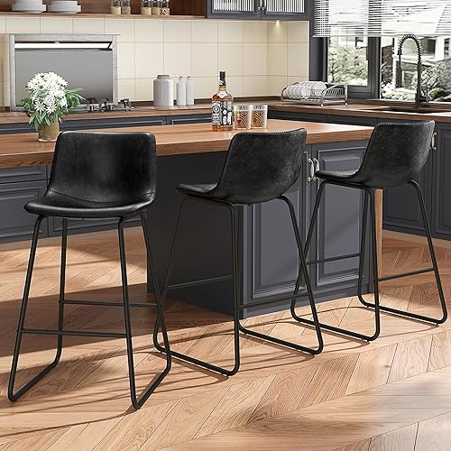 Bar Stools Set of 3, Faux Leather Counter Height Stools, 26" Modern Barstools with Metal Legs and Footrest, Urban Armless Counter Chairs with Back for Kitchen Island (Black)