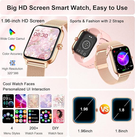 Smart Watch Women Men, Answer/Make Call, 1.96'' Fitness Tracker with Blood Pressure, HR, Sleep Monitor, 110+ Sport Modes Reloj Inteligente para Mujer Smartwatch Compatible with iPhone/Samsung/Android