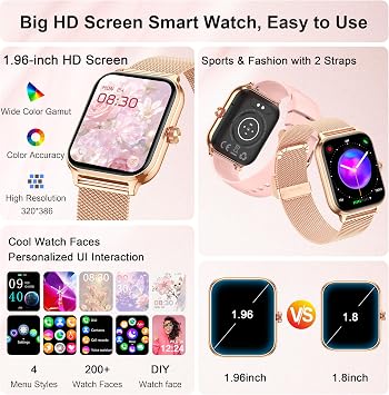 Smart Watch Women Men, Answer/Make Call, 1.96'' Fitness Tracker with Blood Pressure, HR, Sleep Monitor, 110+ Sport Modes Reloj Inteligente para Mujer Smartwatch Compatible with iPhone/Samsung/Android