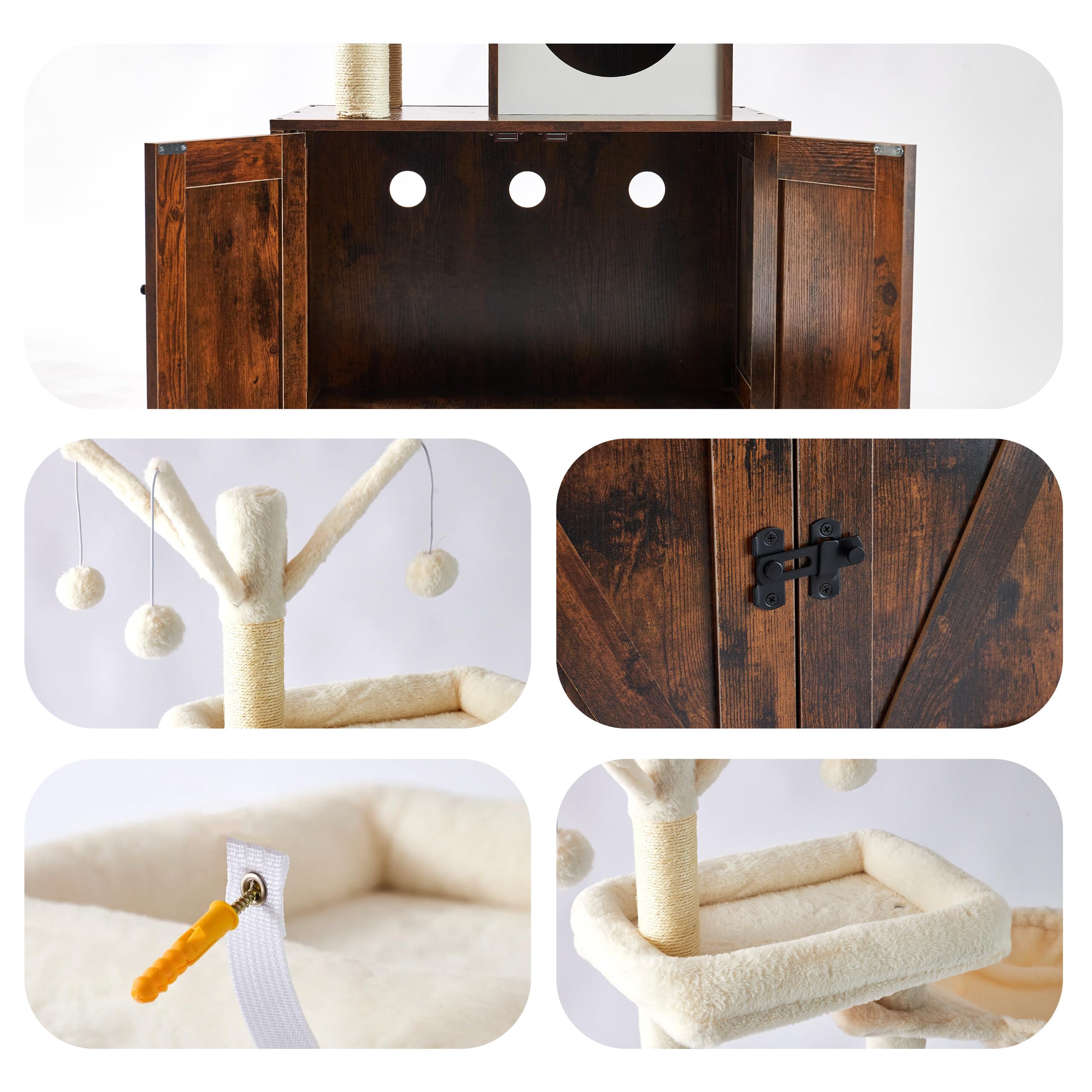 Relaxdays Kratzbaum mit Katzenkloschrank, HBT: 150 x 60 x 49 cm, Sisalstämme & Liegemulde, Industrial, Dunkelbraun/weiß