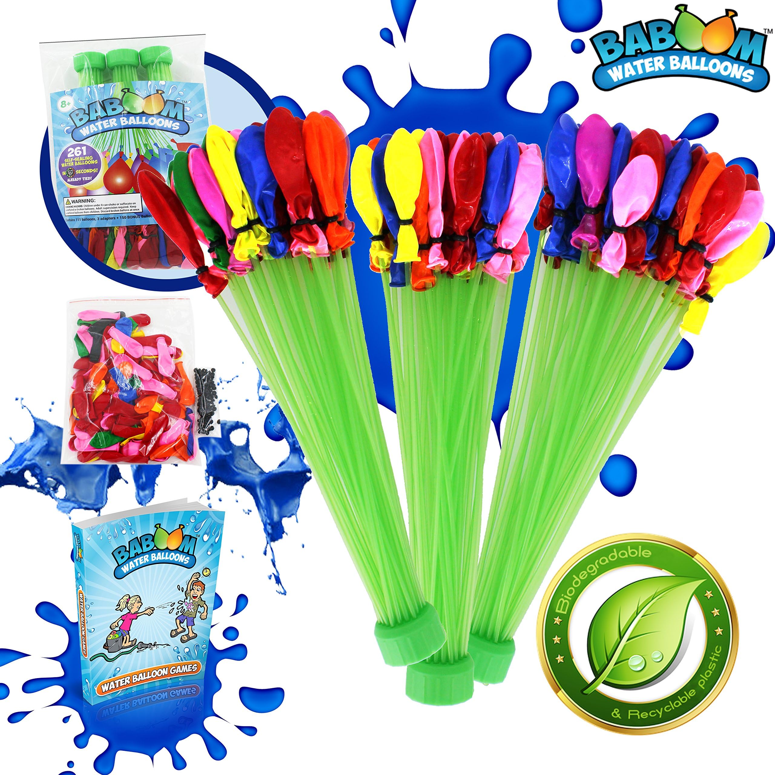 Self-Sealing Water Balloons 3 Bunches + FREE Refill Pack + FREE Water Balloon Games eBook - Totally 261 Balloons in under 1 Minute - Pre Tied – Limited Time offer!