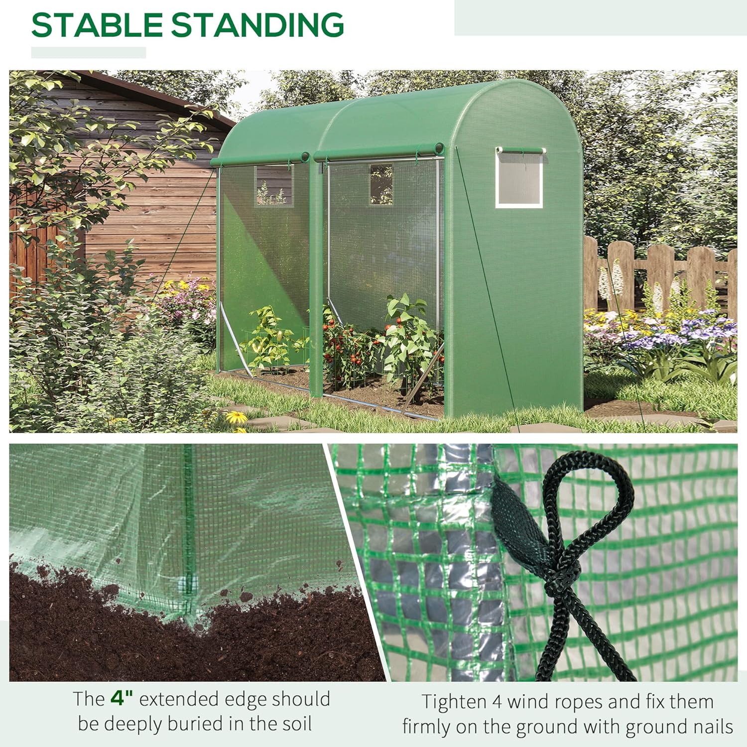 Outsunny 10' x 3' x 7' Walk-in Lean-to Greenhouse, Steel, 4 Zipper Roll-up Windows & 2 Doors, UV Protecting PE Cover for Growing Flowers, Vegetables, Tropical Plants, Saplings, Succulents, Green
