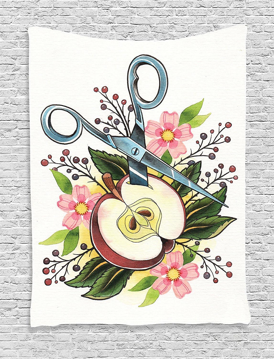 Trippy Art Decor Tapestry, Scissors with Apple Flower Leaves Imaginary Weird Farce Art Illustration, Wall Hanging for Bedroom Living Room Dorm, 60WX80L Inches, Green Pink
