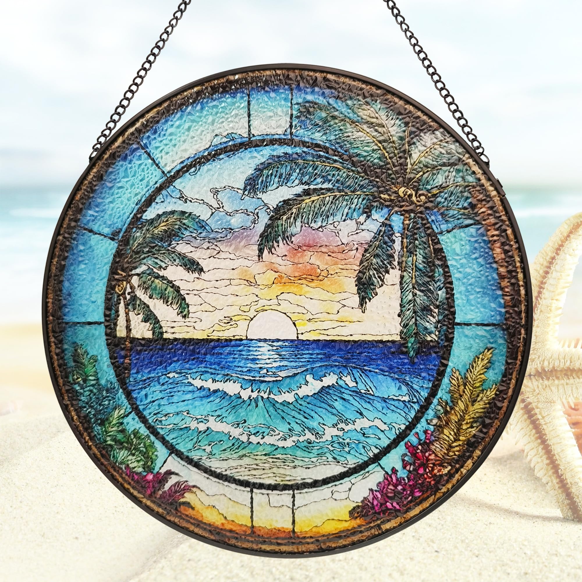 ZUSANG Ocean Sunrise Suncatcher Hanging Stained Glass Window Decor, 9.8'' Sea Wave View Wall Art Panel, Seascape Glass Hanging for Indoor Outdoor Home Decor