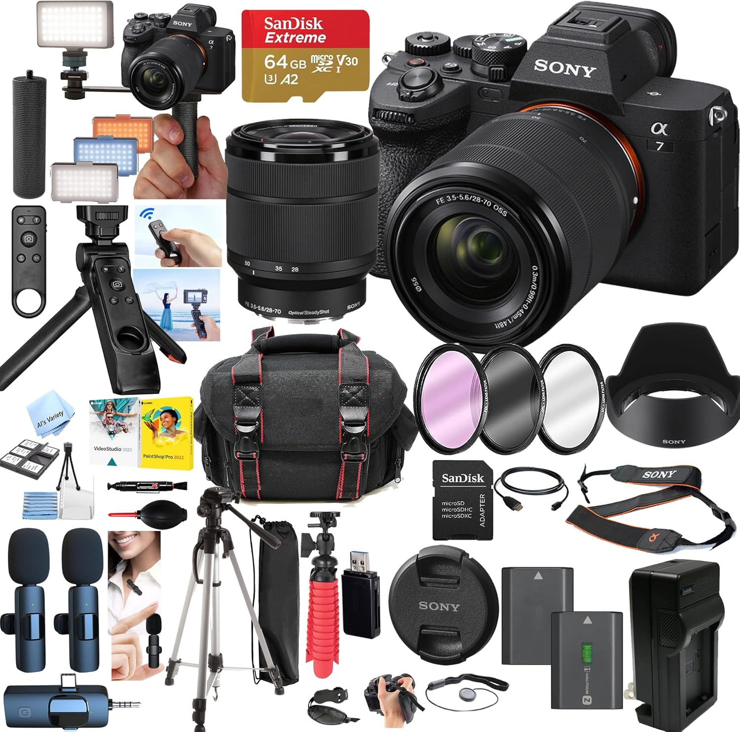 Sony Alpha a7 IV Mirrorless Camera with FE 28-70mm Lens, 33MP Full-Frame, 4K Video, Bundle with 64GB SD Card, Dual Wireless Mics, LED Light & Accessories (Renewed)