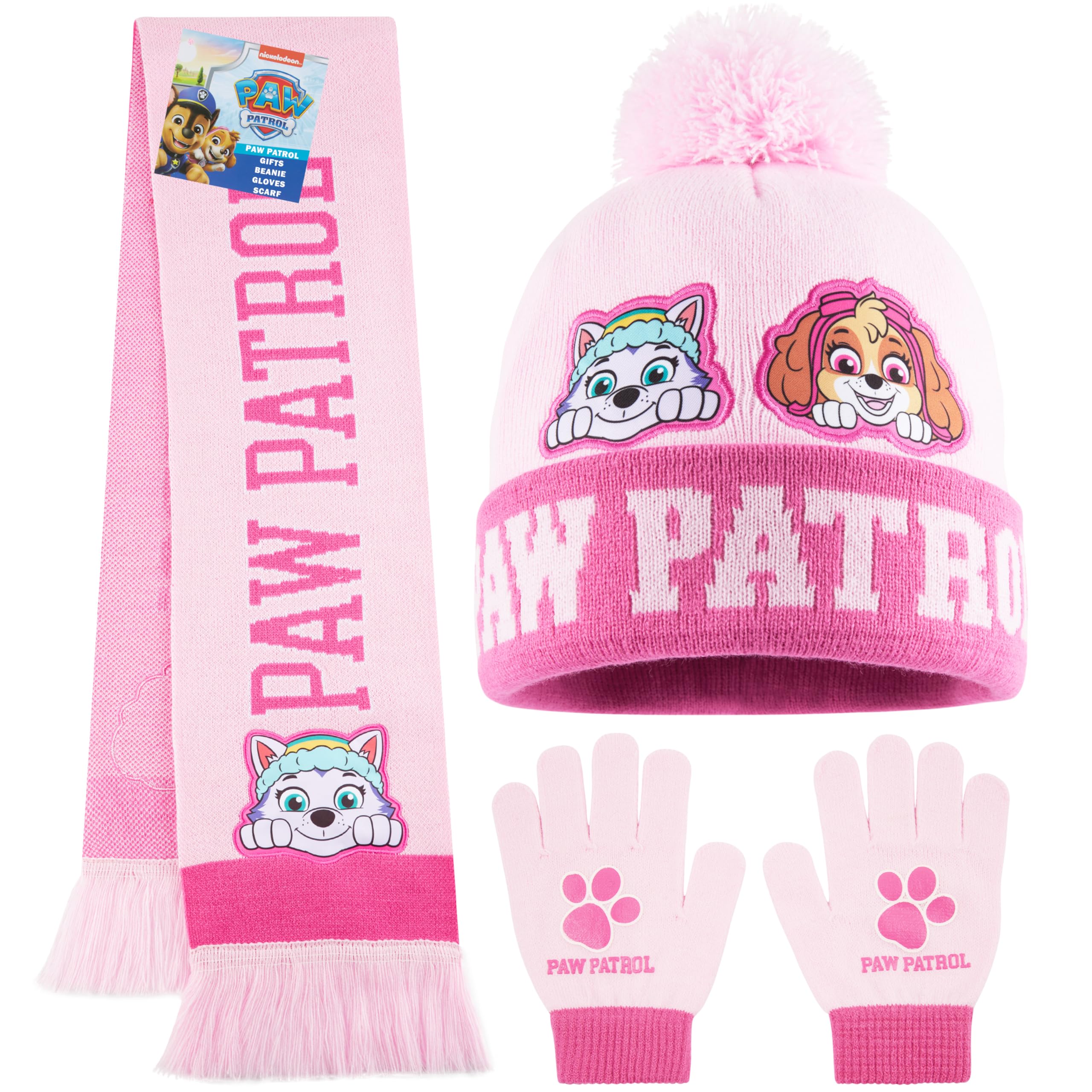 PAW PATROL Beanie Schal Handschuhe Set für Mädchen 3–7 Jahre, Weiches Strickmaterial, Kawaii Rosa Design, Geschenk für Kinder