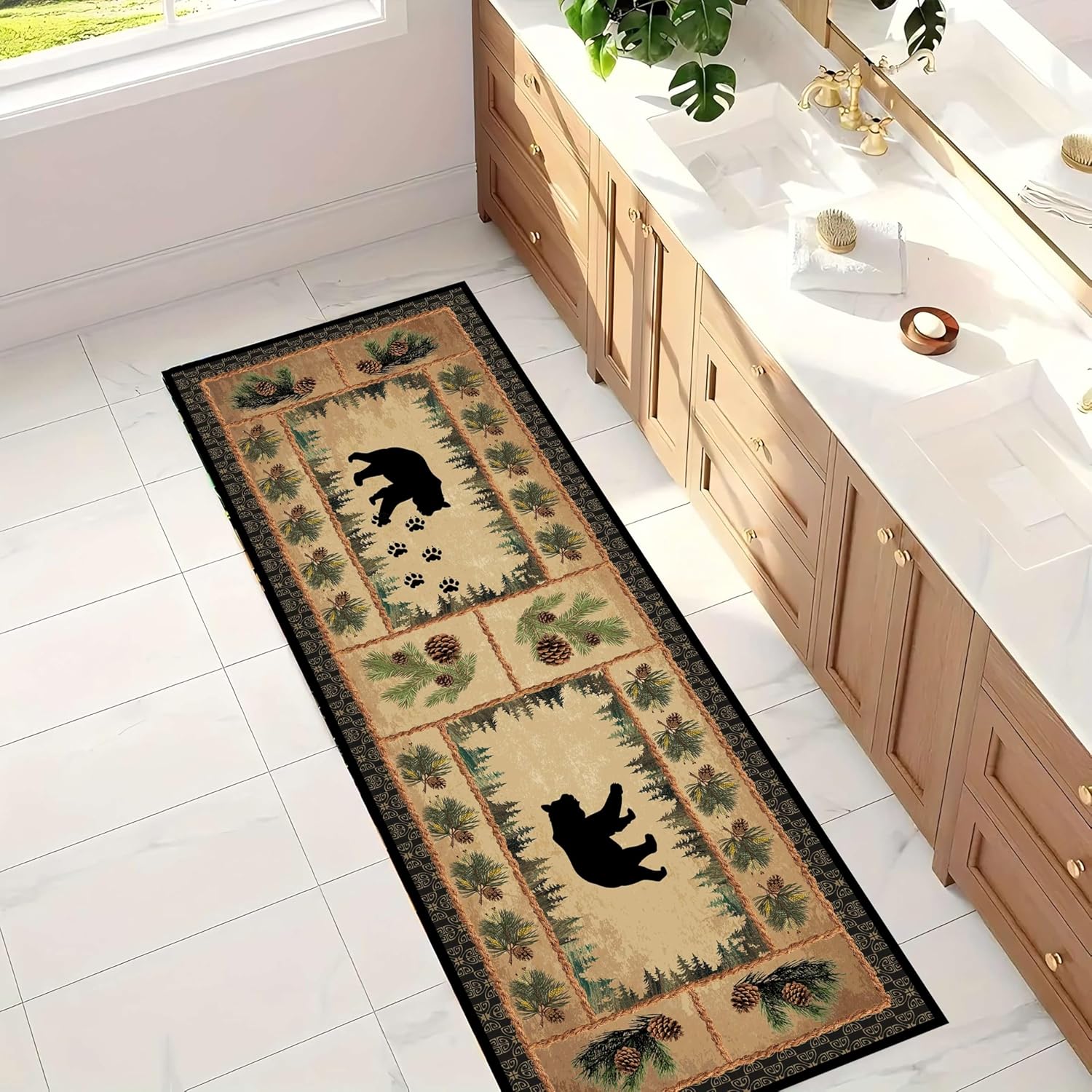 Animal Runner Hallway Rug, 2x6ft Pine Cone Long Hallway Runner Rug, Washable Kitchen Black Bear Runner Rug, Non Slip with Rubber Backing Bedroom Rug for Living Room Bathroom Runner Rug