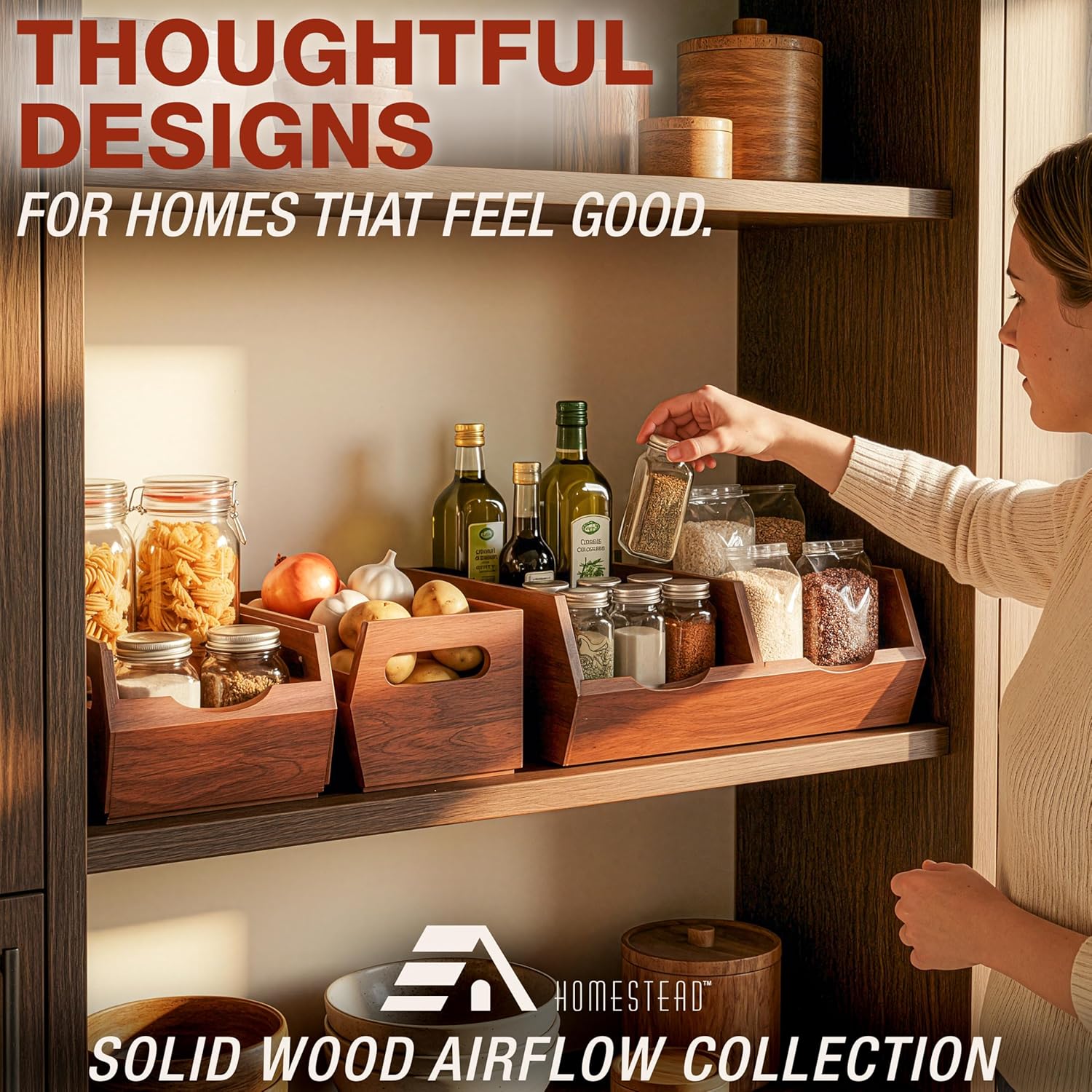 HOMESTEAD Stackable Solid Wood Storage Bins for Kitchen Pantry & Countertop, Ventilated Potato and Onion Basket Organizer with Handles, Wooden Produce Storage Containers, 3-Pack, Chestnut Finish - Image 9