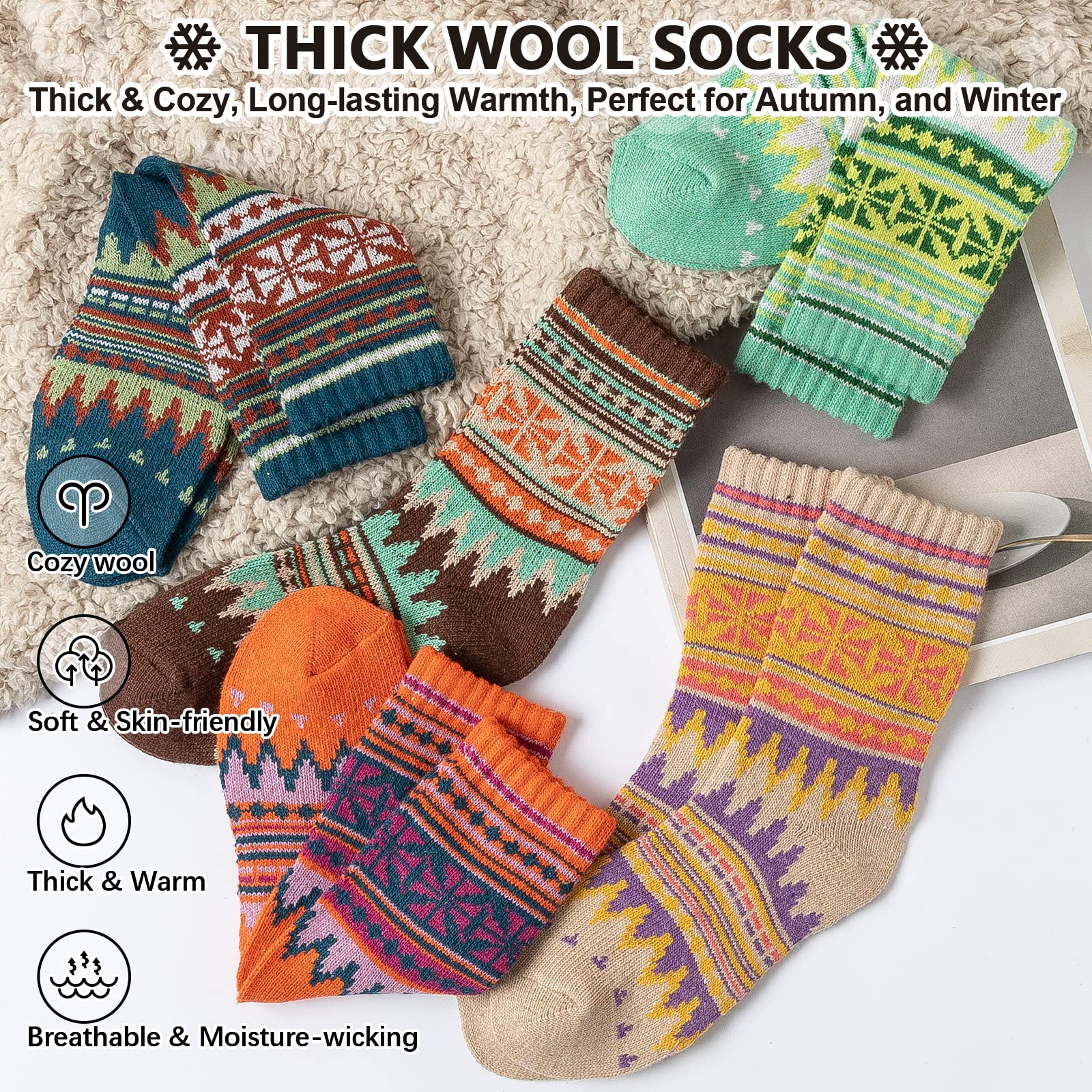 IIG 5 Pairs Women's Vintage Style Thick Wool Warm Winter Crew Socks: Multicolour13 - 5 Pairs