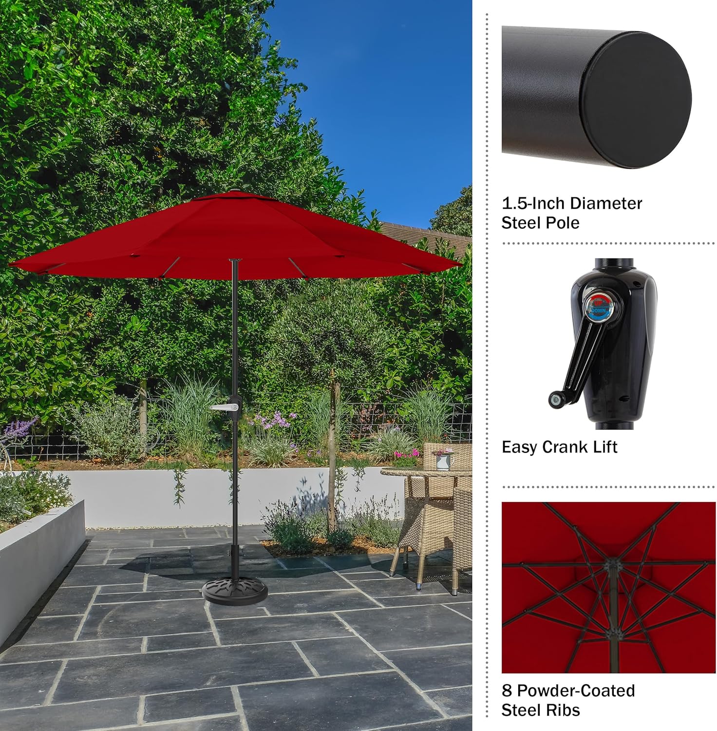 Pure Garden Patio Umbrella with Vented Canopy - 9 Ft Easy Crank Outdoor Umbrella for Shade - For Deck, Balcony, Porch, Backyard, or Pool (Red)
