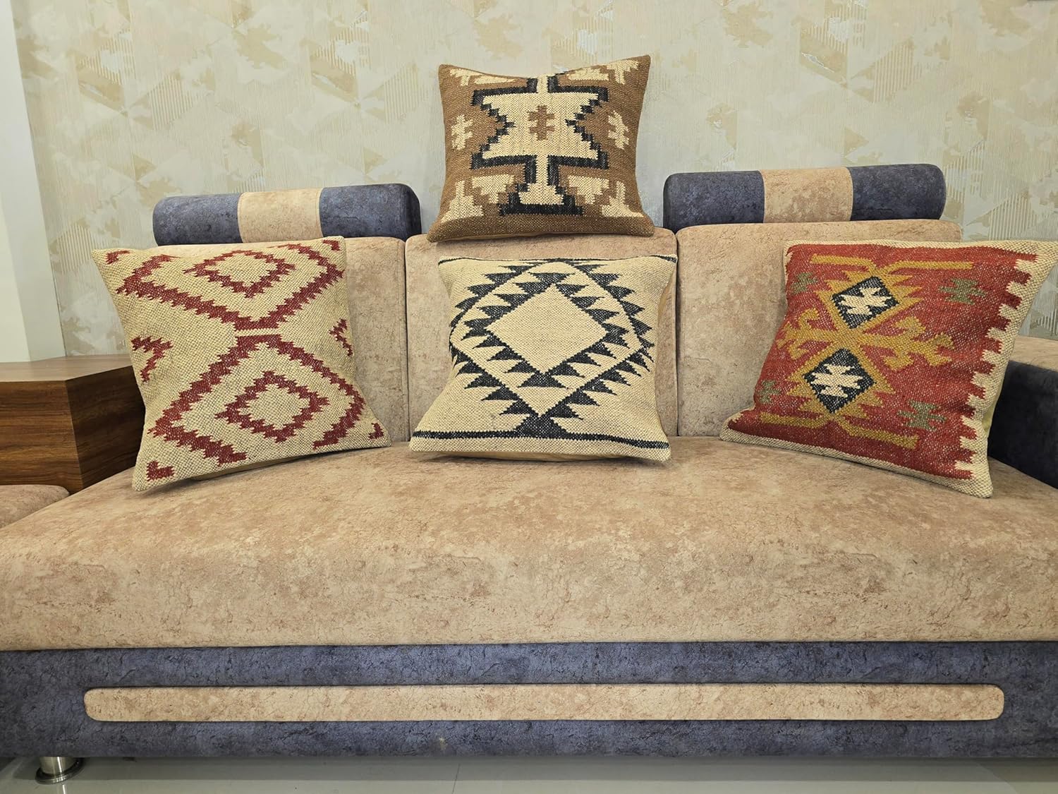 Kilim Pillow Cover Set of 4, 18 x 18 inches Wool Jute Cushion Cover, Handwoven Boho Vintage Decorative Throw Pilllow Case for Living Room & Bedrooms (D2-Set of-4)