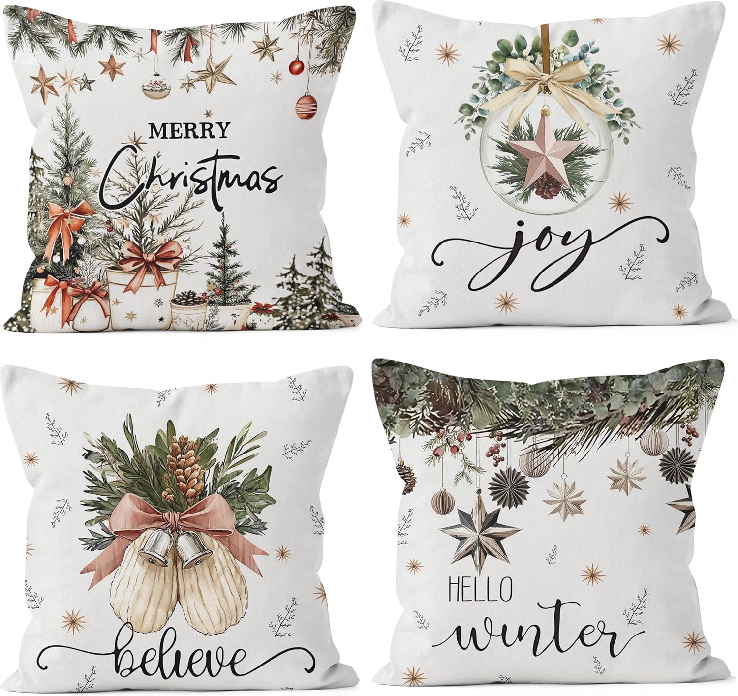 Winter Christmas Pillow Covers 18x18, Merry Christmas Decorations, Rustic Winter Xmas Tree Bauble Holiday Decorative Throw Pillow Covers for Bedroom Living Room Home, Set of 4