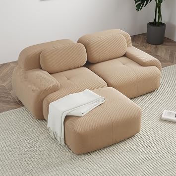 82" Boneless Couch, L-Shaped Small Modular Sectional Sofa for Living Room, Compressed Sofa with Deep Seat, Corduroy Cloud Couch with Ottoman, No Assembly Needed
