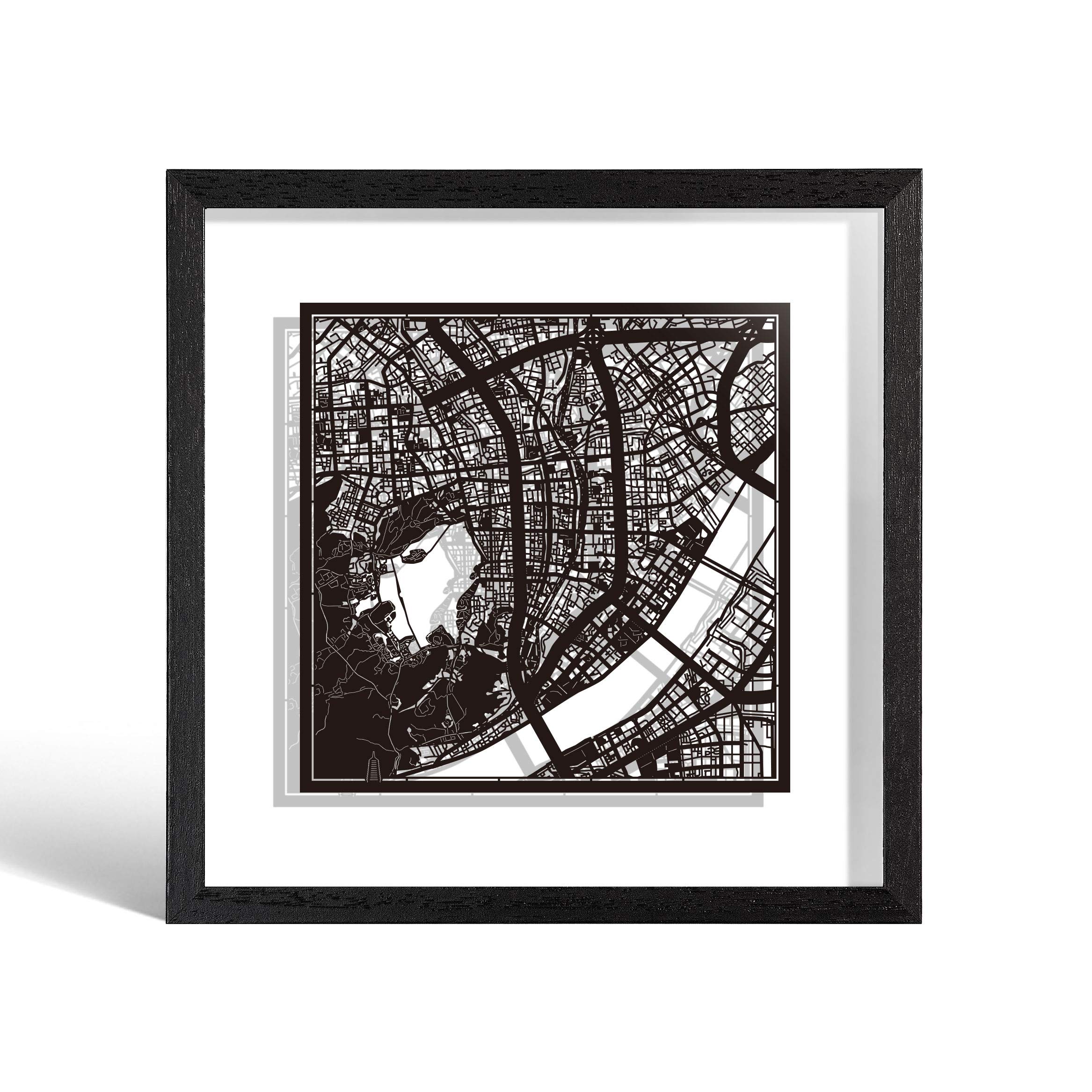 O3 DESIGN STUDIO Hangzhou Paper Cut Map framed, Black map, Black frame, 9x9 inches, Gift Boxed, 2 background color, self-changing, Paper Art