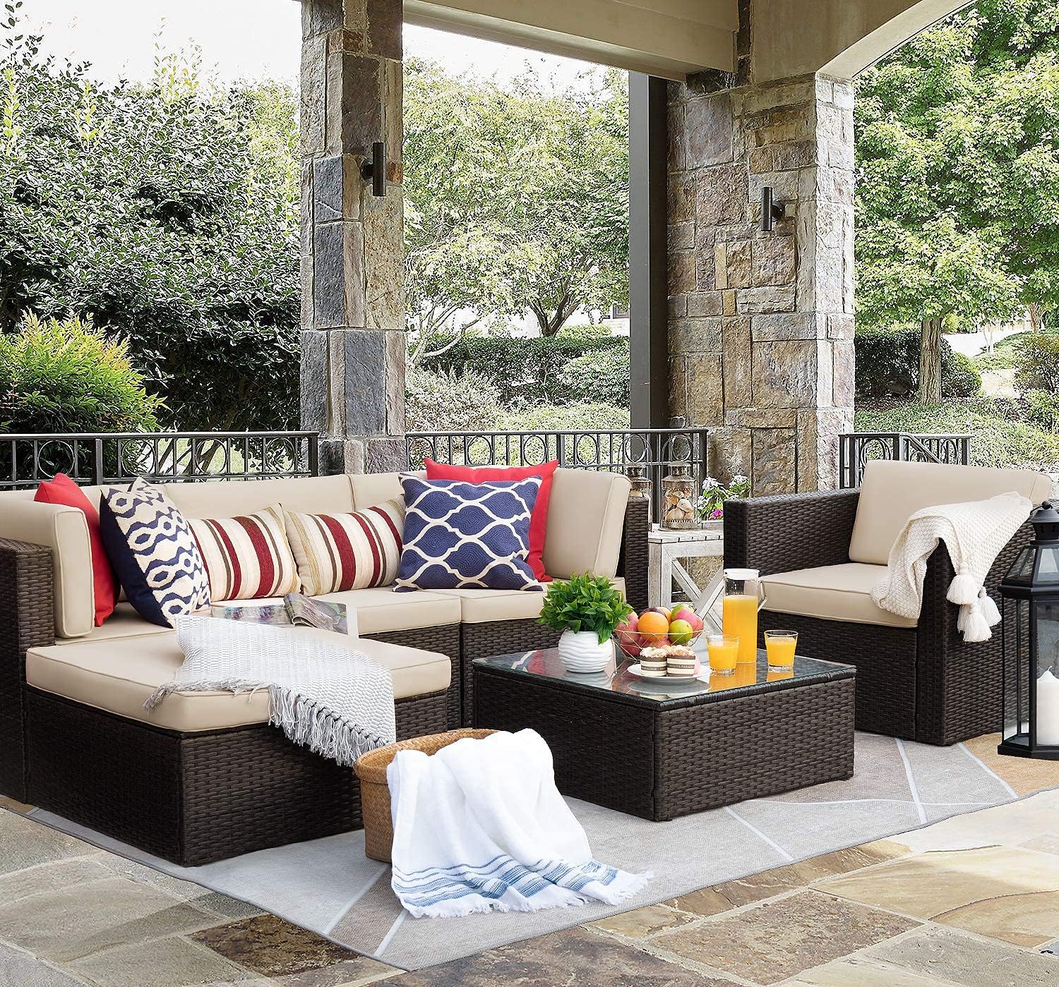 Flamaker6 Pieces Sectional Outdoor Furniture Patio Sofa Conversation Set with Cushion and Table (Beige)