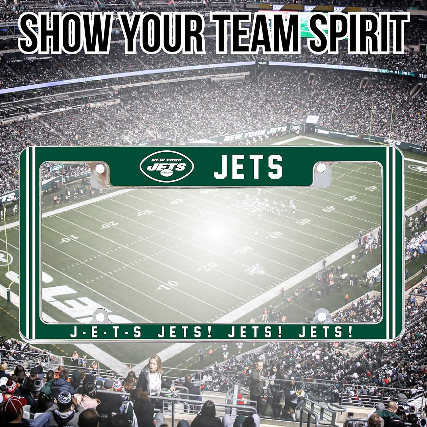 NFL New York Jets J-E-T-S Jets! Chrome License Plate Frame - Full Color Zinc Alloy, 4-Screw Mount