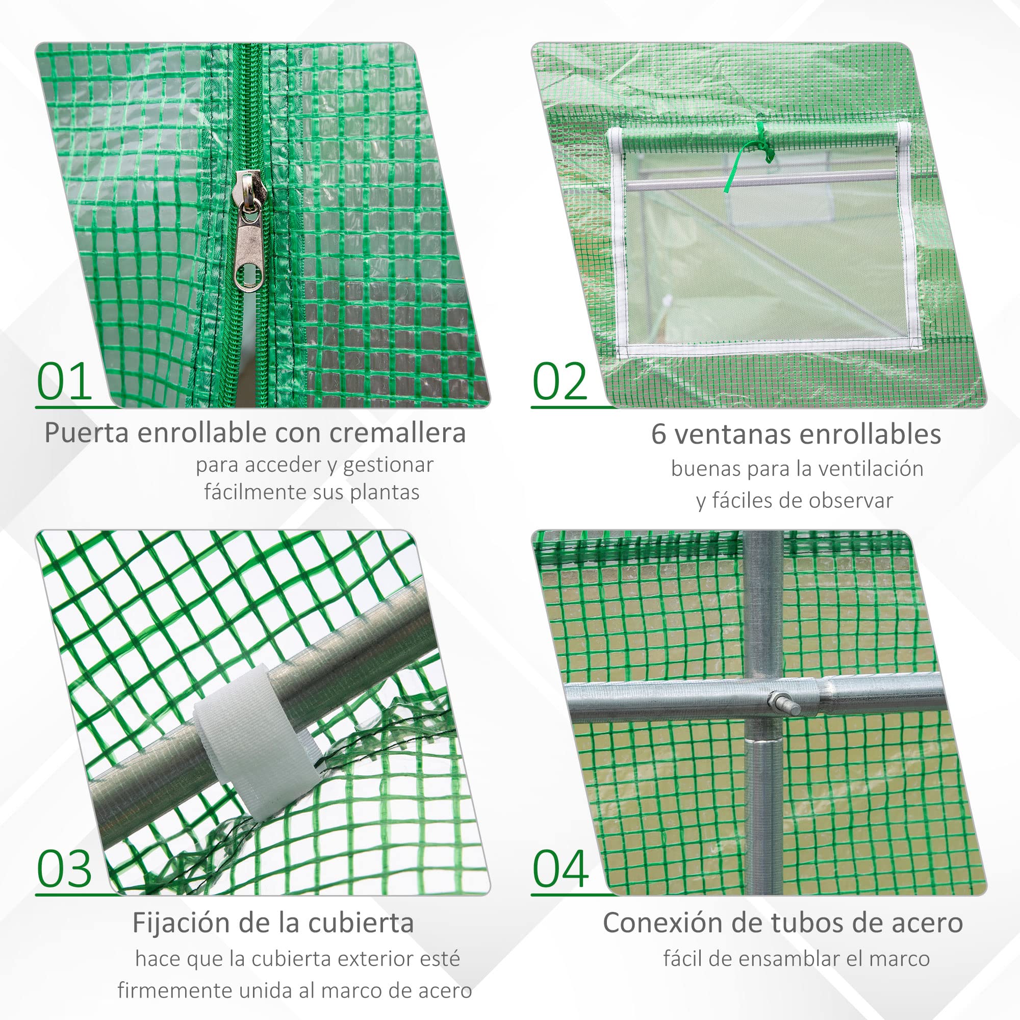 Outsunny Invernadero de Exterior 4,45x2x2 m Invernadero de Túnel con Cubierta de PE 140 g/m² para Cultivo Plantas Verduras Frutas en Jardín Terraza Verde