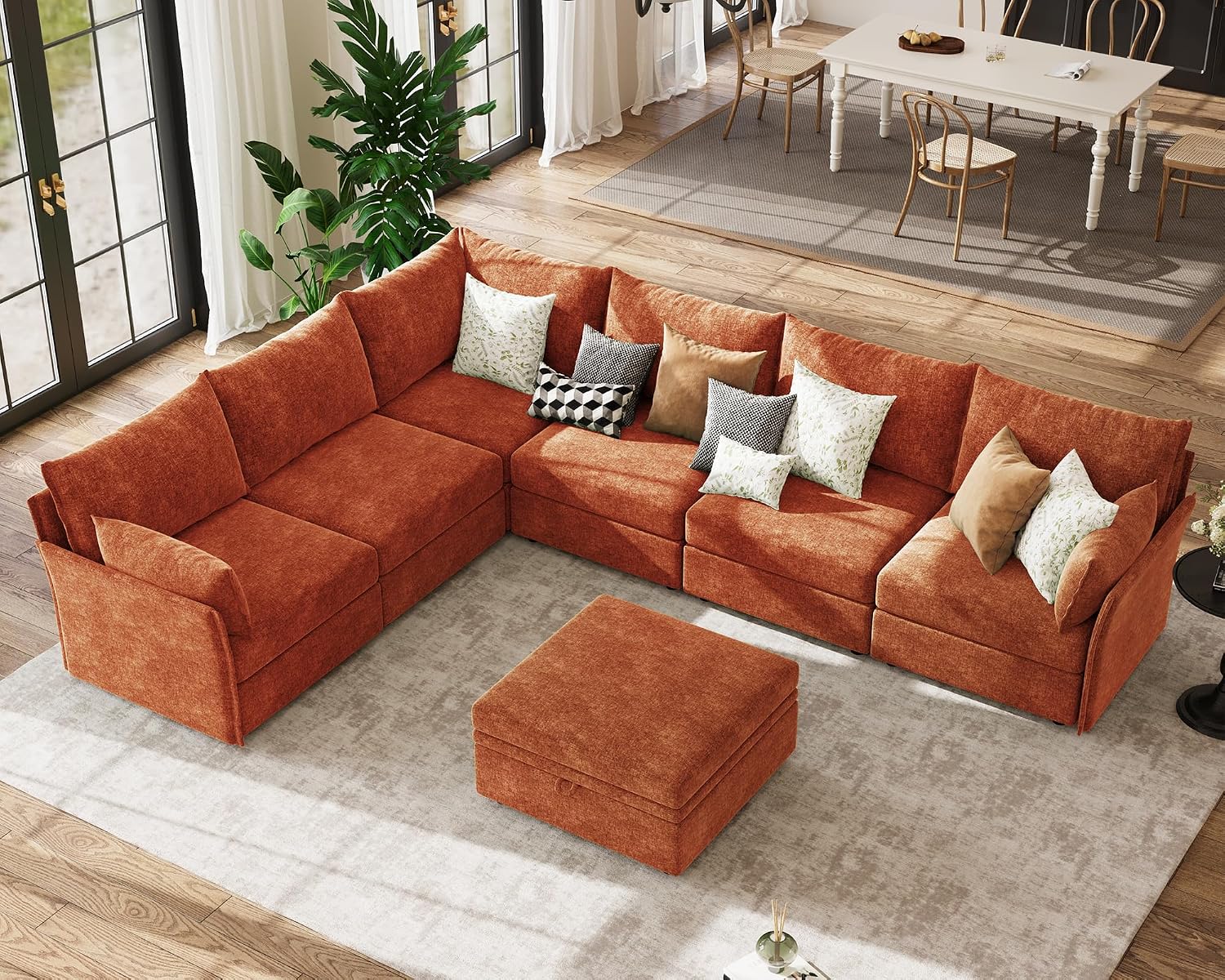 ABCASA 135.5" U-Shaped Modular Sectional Sofa 7-Seat Couch with Ottoman Terracotta Chenille