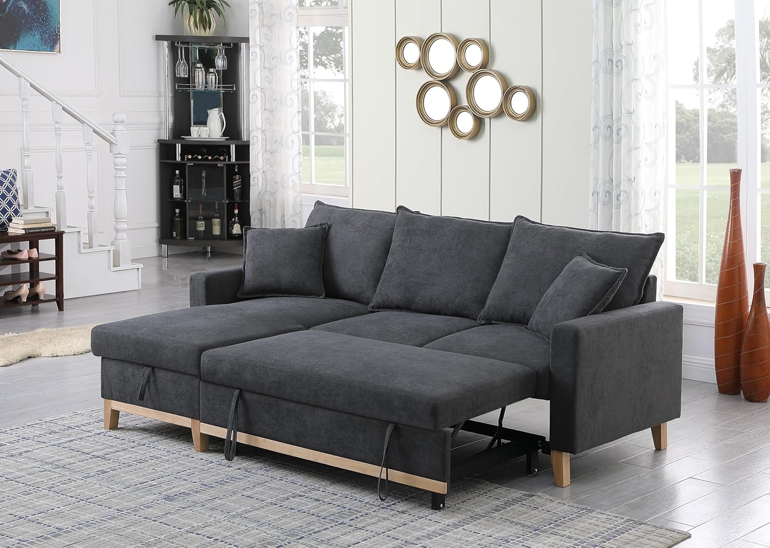 Lilola Home Colton 84.25" W Dark Gray Woven Fabric Reversible Sleeper Sectional Sofa with Pull-Out Bed and Storage Chaise – Modern L-Shaped Couch for Living Room or Apartment