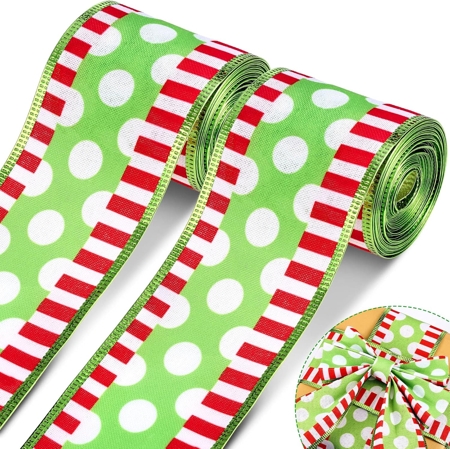 Syhood 2 Rolls Christmas Ribbon Wired 2.5 Inch Dots with Stripes 25 Yard Long Wired Wrapping Colorful Fabric Ribbon Xmas Decorative Ribbons for Christmas Decor Supplies, Dot Style