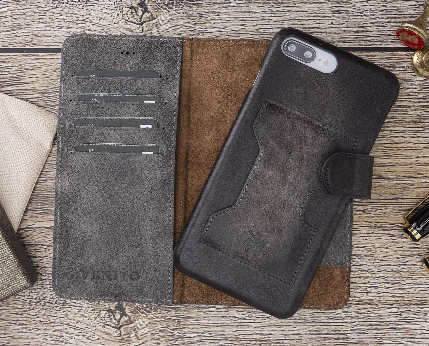 Venito Florence Leather Wallet Phone Case Compatible with iPhone 8 Plus and iPhone 7 Plus - Extra Secure with RFID Blocking - Detachable Phone Wallet - Faded Gray