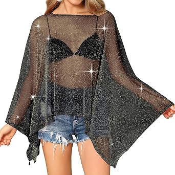 FEMLE Womens Batwing Sparkly Glitter Sheer Mesh Shawl Poncho Cape Top