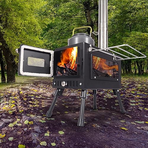 Miniatura 8 de Lineslife Estufa de leña caliente con vidrio, estufa de leña portátil para acampar con chimenea resistente al viento para tienda de campaña refugio