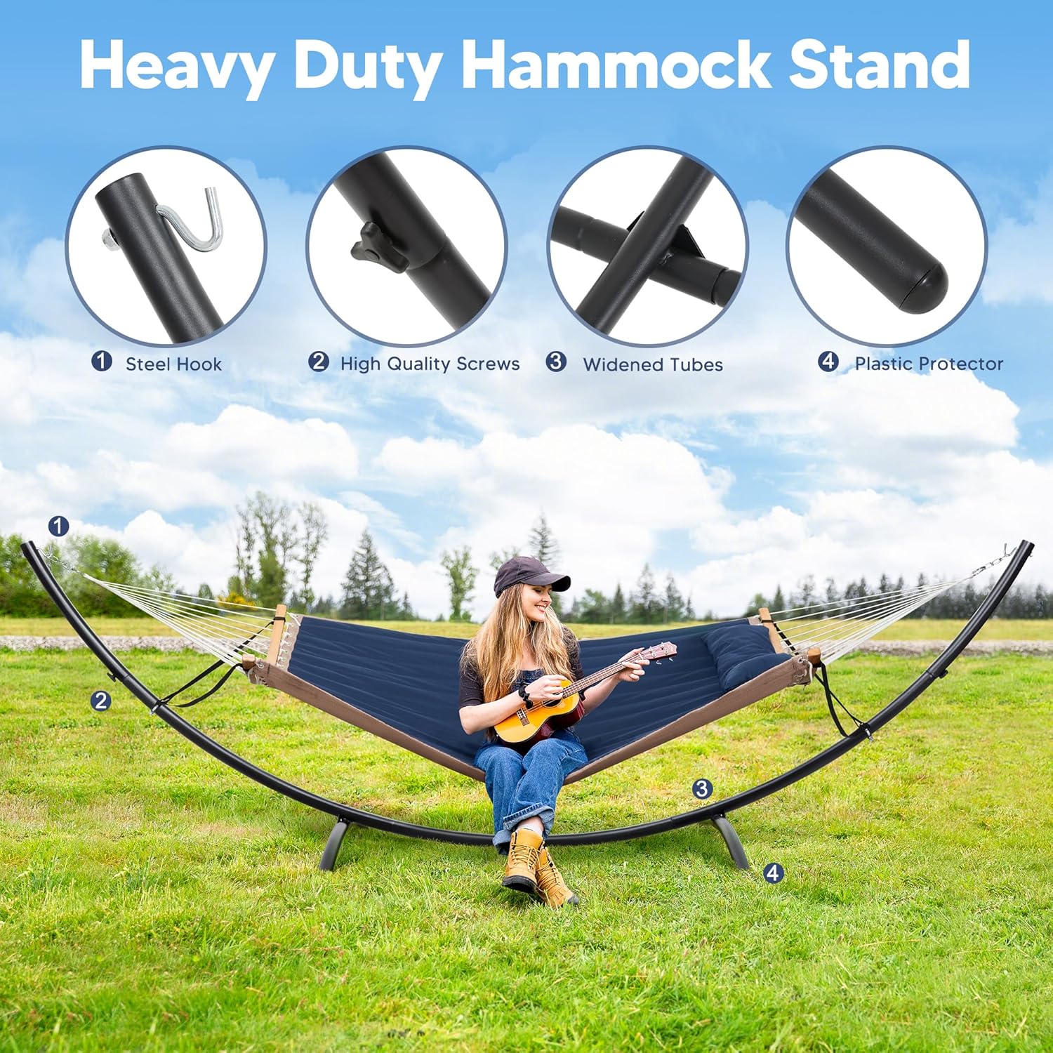 SUNCREAT Hammocks for Outside with Stand, Porch Hammock and Stand, 475 lbs Capacity, Patent Pending, Navy