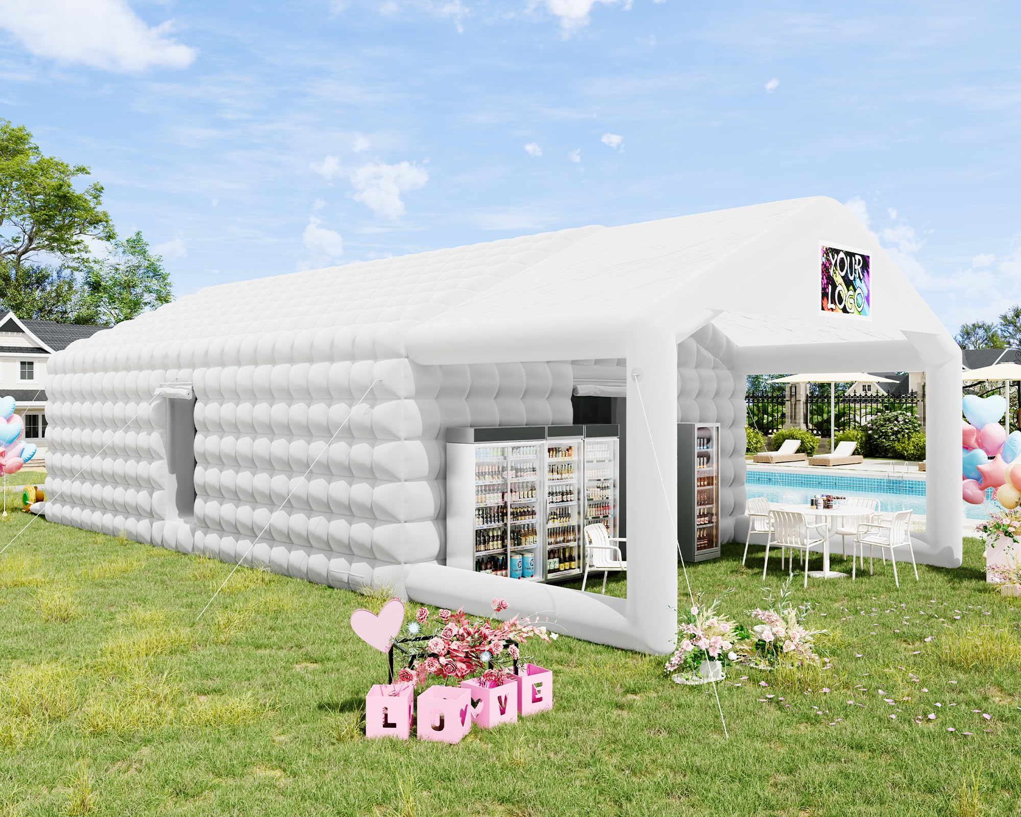 Albott 39x20x14 FT Large Inflatable Nightclub Tent for Adults with Pavilion Rest Area, Black Inflatable Night Club Gazebo with 2 Side Doors & Logo Area for Wedding, Birthday, Backyard Events, White
