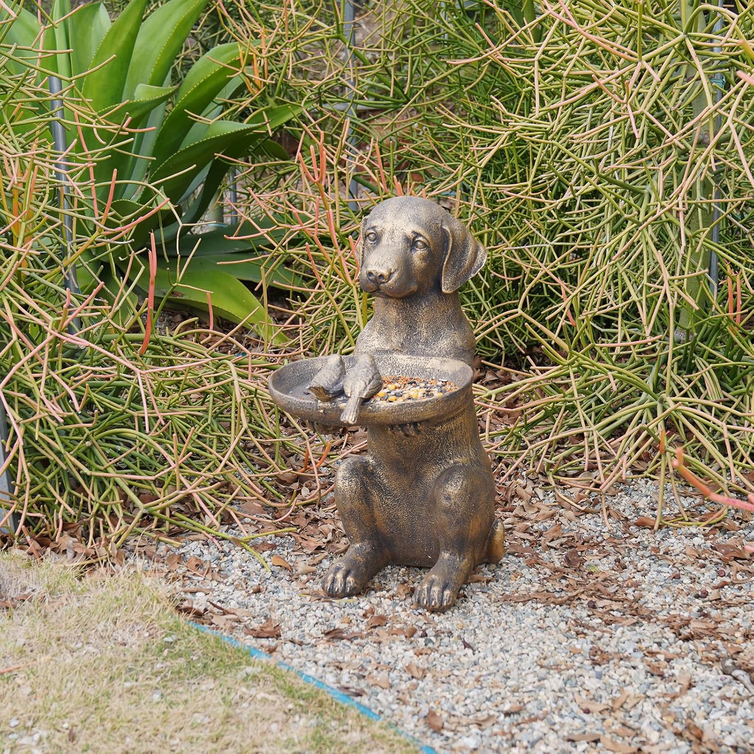 Garden Decor Set, Dog Bird Bath Statue and Sunflower Stepping Stone, Outdoor Yard Art