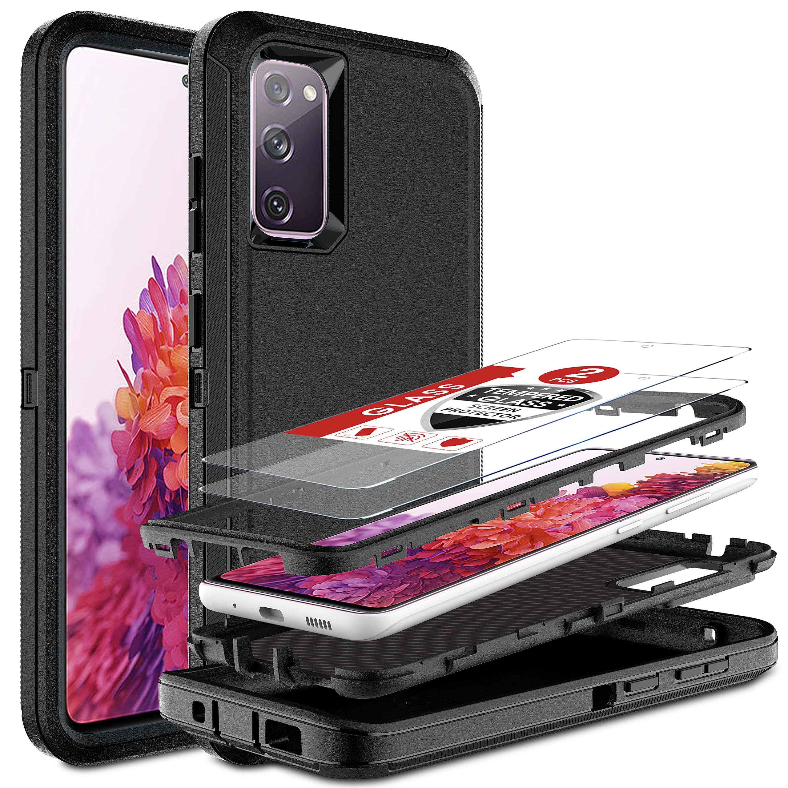 for Samsung Galaxy S20 FE 5G Case with Tempered Glass Screen Protector [2 Pack], 3 in 1 Full Body Shockproof Heavy Duty Protection Case for Samsung S20 FE (Black/Black)