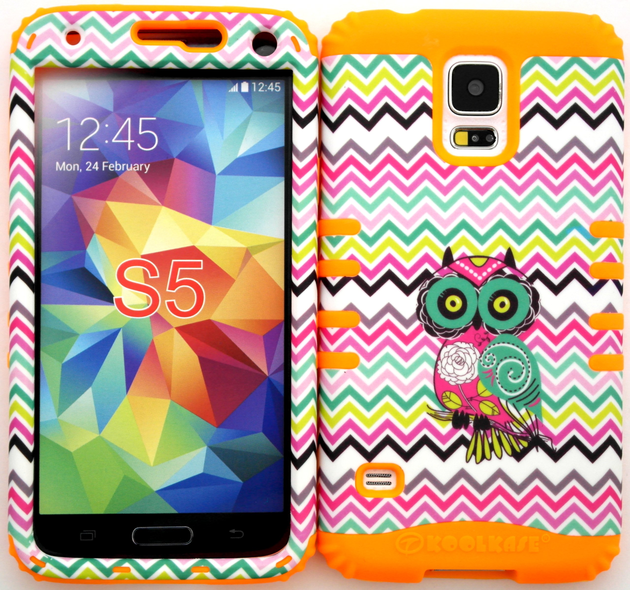 Wireless Fones TM Samsung Galaxy S5 Case Dual Layer Hybrid Impact Resistant Protective Case Owl on Colorful Chevron Waves Snap on Over Orange Skin