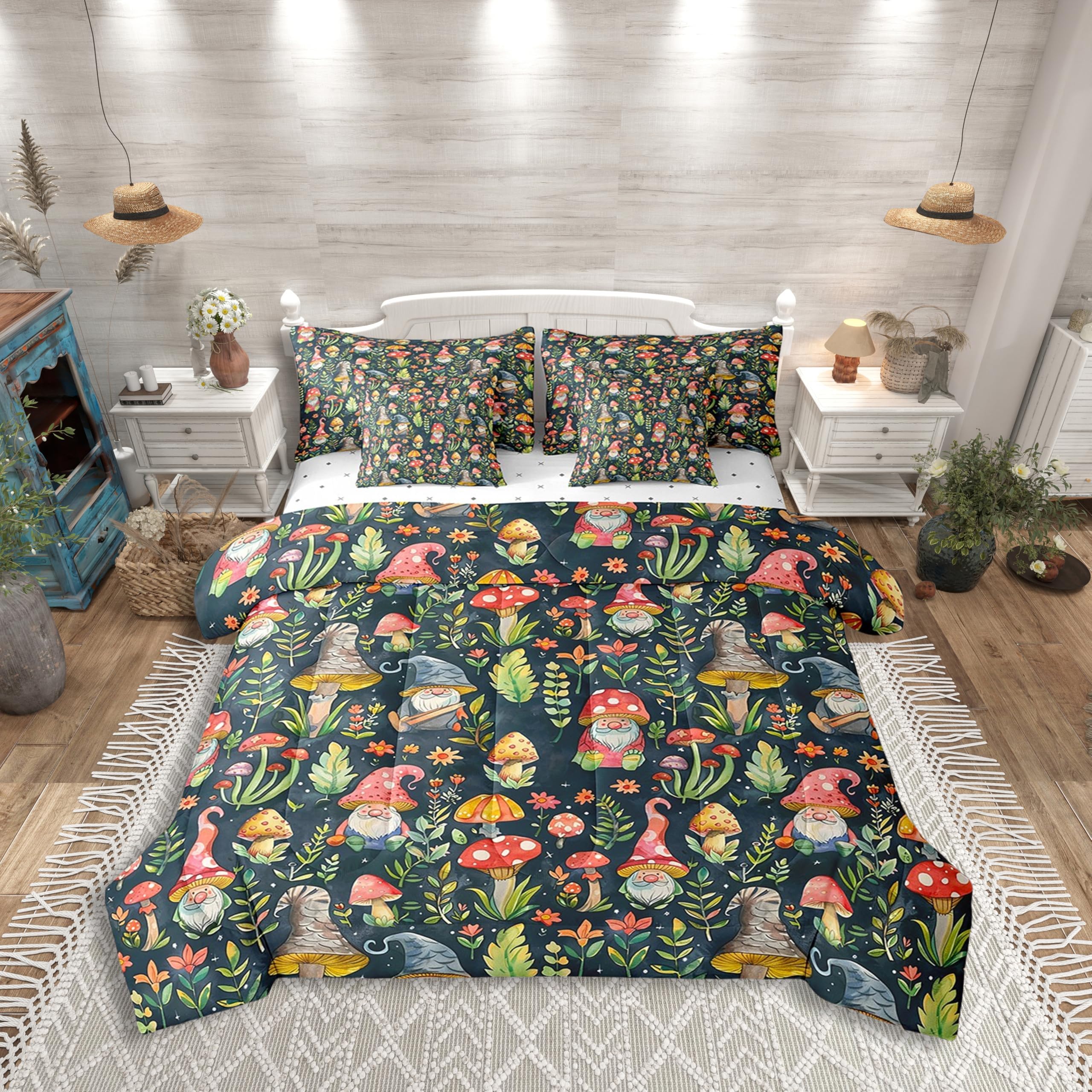 Mushroom Gnome Comforter Set Bed in a Bag 7 Pieces King,Botanical Leaves Bedding Set for Girls Teens Kids,Colorful Mushroom Plants (Comforter+Fitted+Flat Sheet+2 Pillowcases+2 Throw Pillow Covers)
