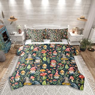 Mushroom Gnome Comforter Set Bed in a Bag 7 Pieces King,Botanical Leaves Bedding Set for Girls Teens Kids,Colorful Mushroom Plants (Comforter+Fitted+Flat Sheet+2 Pillowcases+2 Throw Pillow Covers)