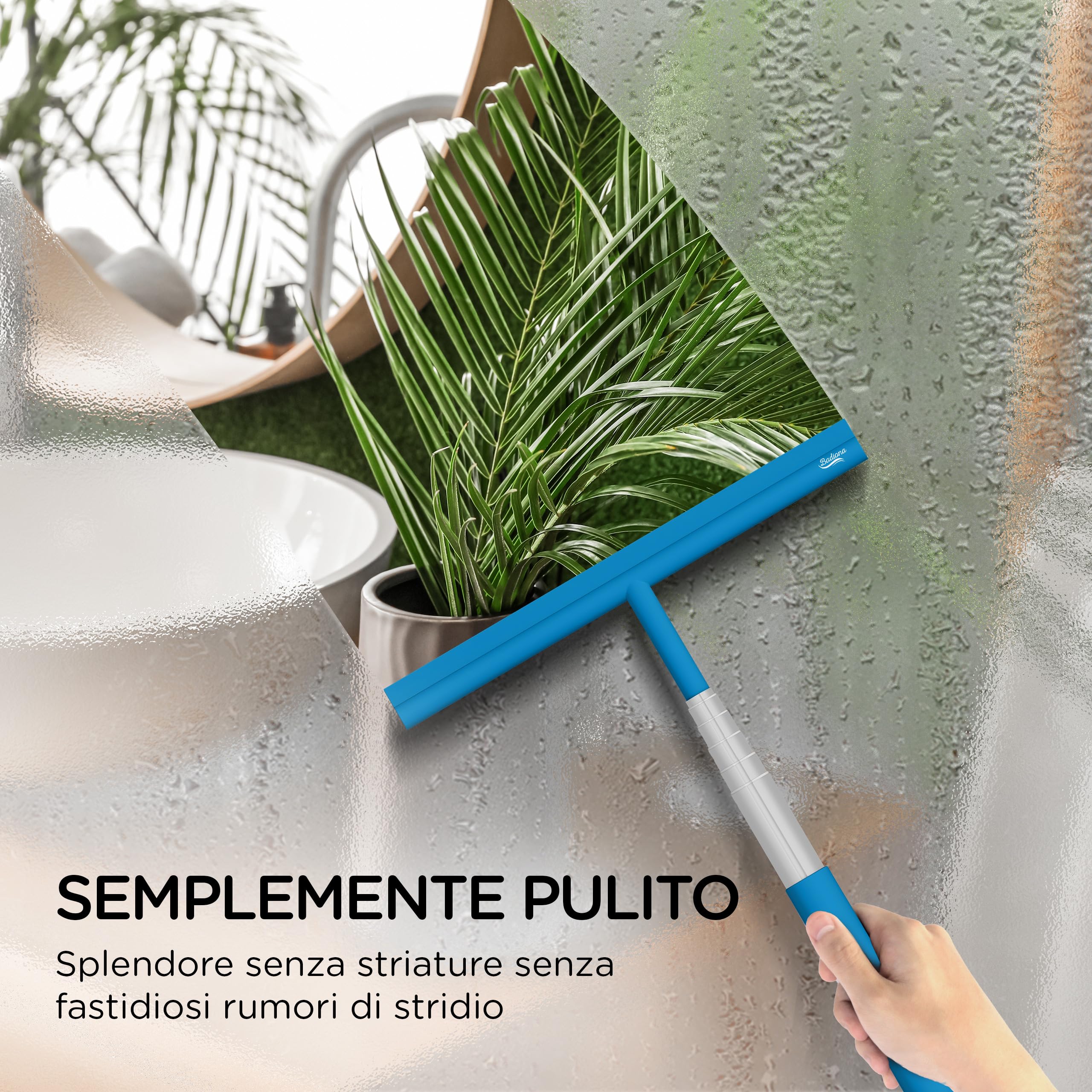 Tergivetro per doccia silicone blu - Con gancio di aspirazione & telescopica fino a 100 cm I Tira acqua da doccia I Tiraacqua per vetri Pulizia doccia I Pulitore Asciuga vetri Pulisci vetro